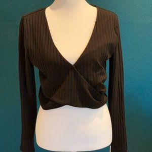 Sophie Rue Women's Black Long Sleeve Ribbed Surplice Neck Cut Out Crop Top